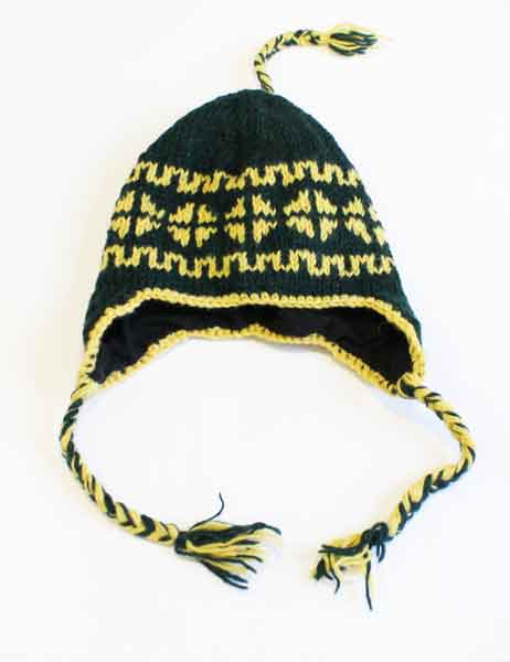 Woollen Knitted Mountain Winter Hats with Fleece Lining Green and Yellow
