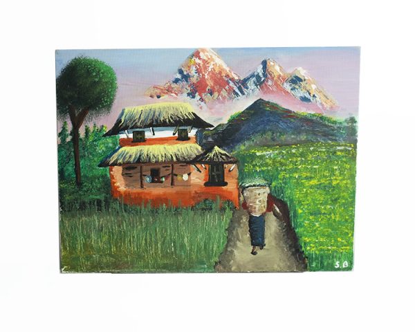 Nepali Traditional Village House Painting with Landscape